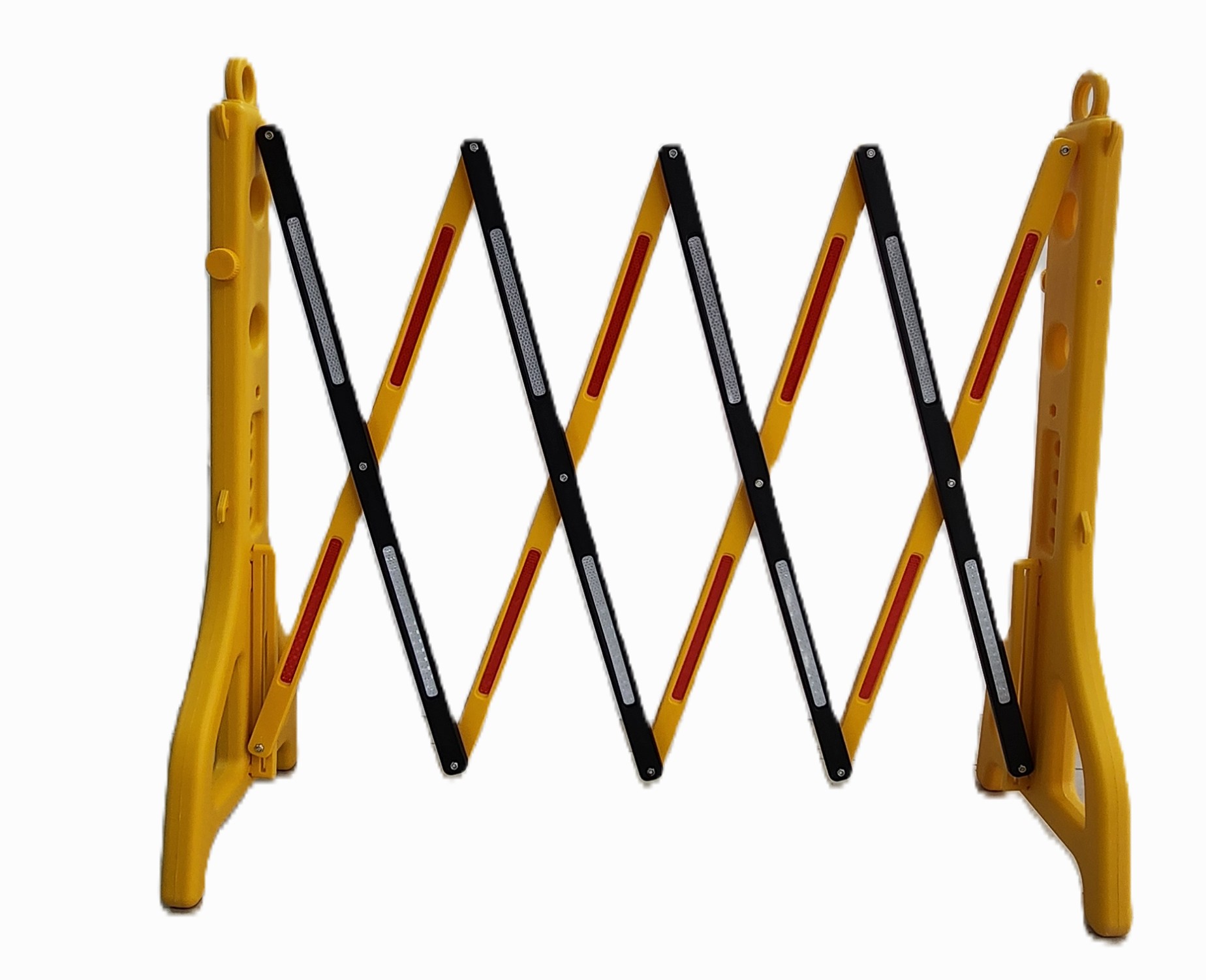 Sarı-siyah reflektif bantlı HCA Limited akordiyon bariyer, taşınabilir, su veya kumla doldurulabilir güvenlik ve yönlendirme bariyeri.