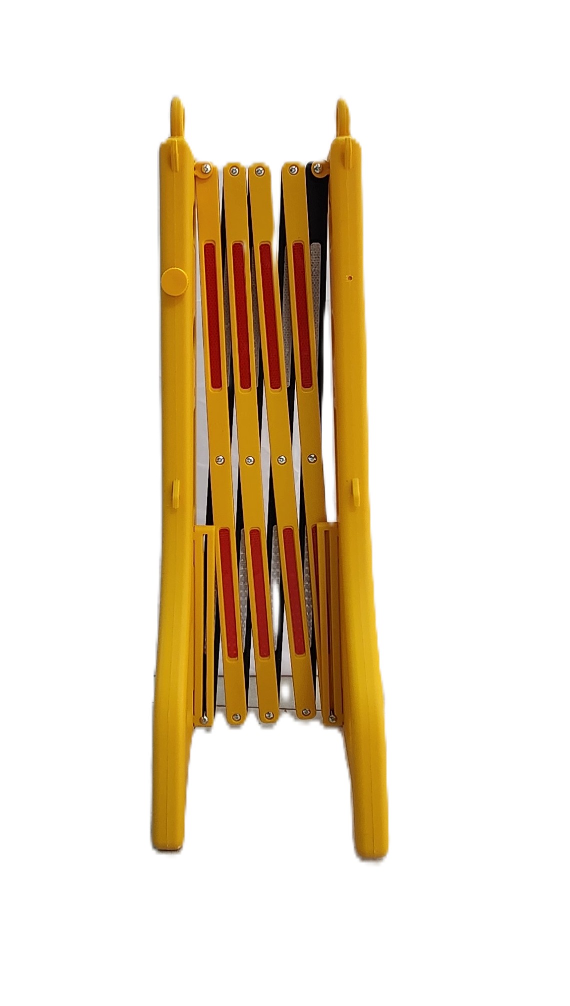 Sarı-siyah reflektif bantlı HCA Limited akordiyon bariyer, taşınabilir, su veya kumla doldurulabilir güvenlik ve yönlendirme bariyeri.